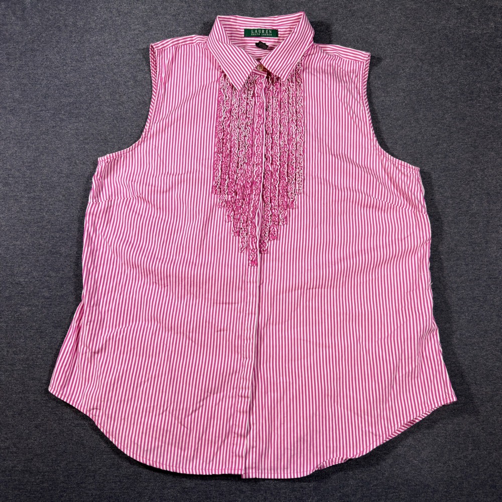 Lauren Ralph Lauren Sleeveless Top Womens 16 Pink Striped Ruffle Front Blouse